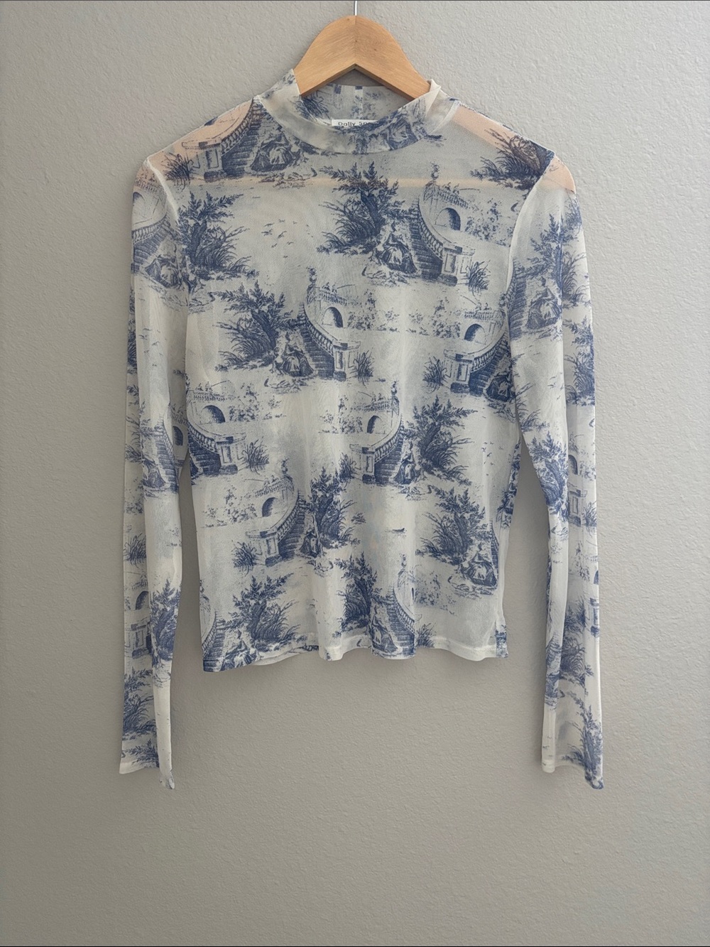 Daily Special Sheer Blue White Toile Long-Sleeve Mock Neck Top Mesh Size Large